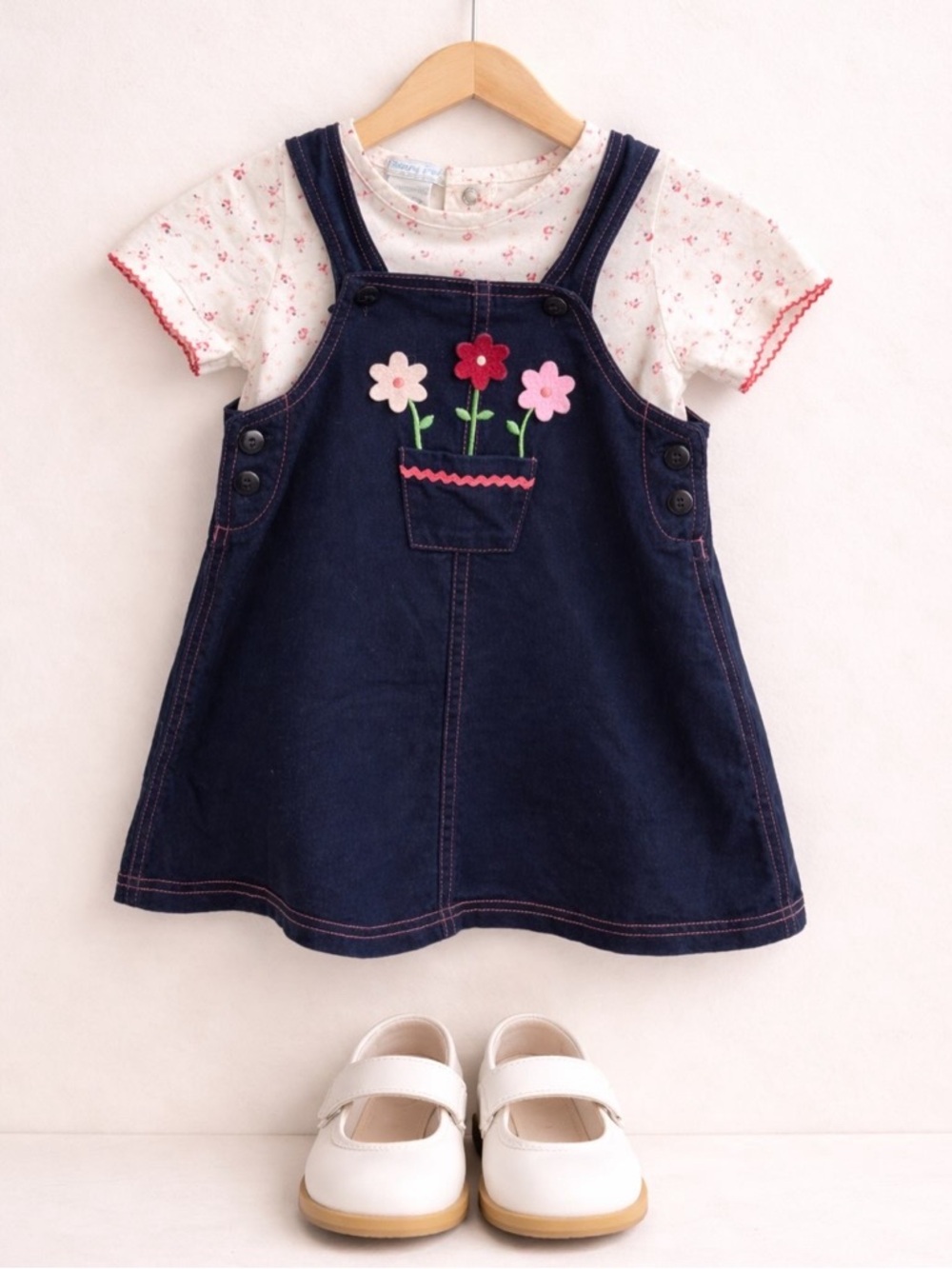 Toddler Navy Denim Pinafore Dress with Floral